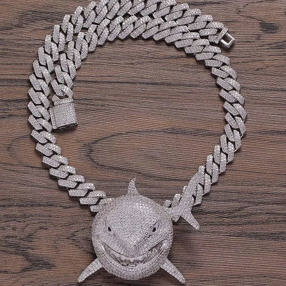 Iced Out Shark Pendant Cuban Link Chain 925 Silver Plated Hip Hop Necklace 20”